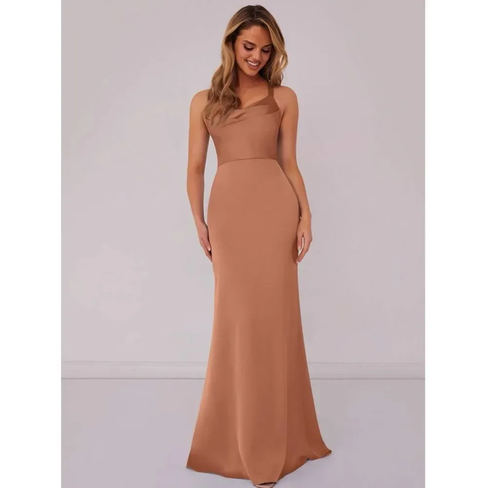 BARBIE AZAZIE 1007 Criss Cross Strap Stretch Satin Sheath Dress Bronzer. Size A8